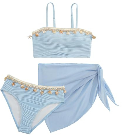 SEAUR Flickas bikiniset med nätkjol 3 delar baddräkt mode skal bikini set barn sommar strand pool 8–12 år