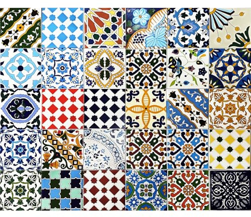 30 Mattonelle MISTE in ceramica smaltata. Pacco contenente 30 mattonelle decorate 15 X 15 cm spessore 0,6 cm - Mattonelle Tunisine realizzate con Serigrafia Artigianale. Adatte a rivestimento.