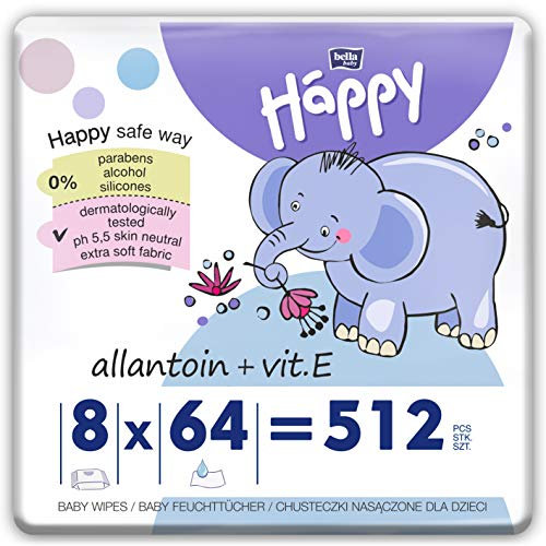bella baby Happy Babyfeuchttücher mit Allantoin & Vit. E 512 Tücher (8 x 64 Stück) pflegende Feuchttücher für Babys