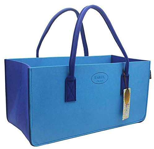 RAIKOU KULT Filz-Tasche Shopper NEU Filzkorb Einkaufstasche Henkeltasche Zeitungskorb Stabile Kaminholztasche Zeitungsständer auch für Spielzeug Garten Picknick Strand (50x34x27cm, Blau/Navy)