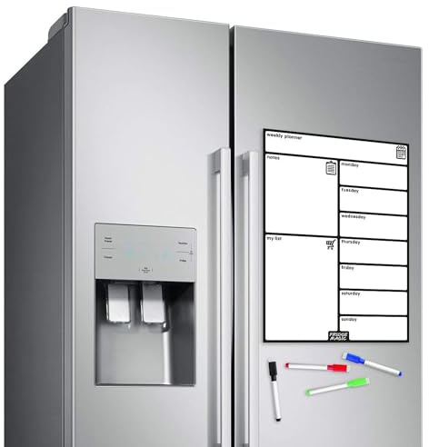 Magnetic Whiteboard for Metallic Fridge: Multi-Functional Weekly Planner, Meal Planner, and Calendar, 42x30cm with Colourful Erasable Pens