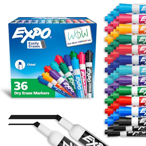 EXPO Dry Erase Markers, Low Odor Ink, Assorted Fashion Colors, Chisel Tip, 36 Count - Easily Erases, Ideal for Classroom, Home, Office, Back to School, Teacher Supplies