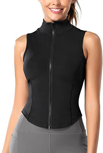 SEAUR Gilet Sportivo Donna Estivo con Colletto Giacca Leggera Senza Maniche con Cerniera Canotta da Corsa Slim Fit per Fitness Ciclismo Golf, Nero M