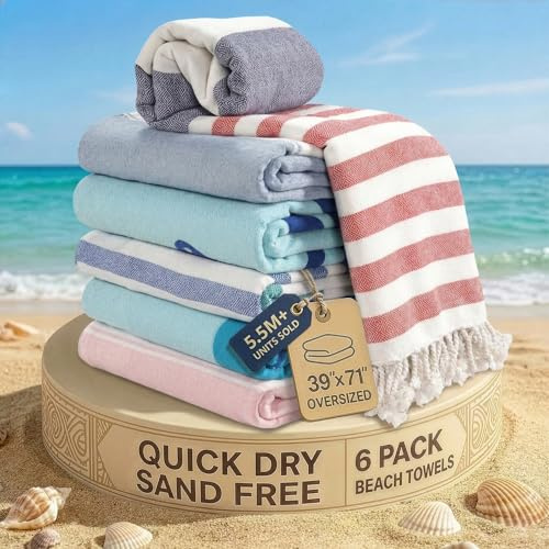 LANE LINEN Lot de 6 serviettes de plage turques – Serviettes de plage prélavées, anti-sable, à séchage rapide, légères pour femme, douces, 99,1 x 180,3 cm – Littoral Bliss