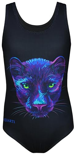 Aquarti Badeanzug Mädchen – Sportlicher Mädchen Badeanzug mit Ringerrücken Print, Farbe: Panther/Schwarz, Größe: 164