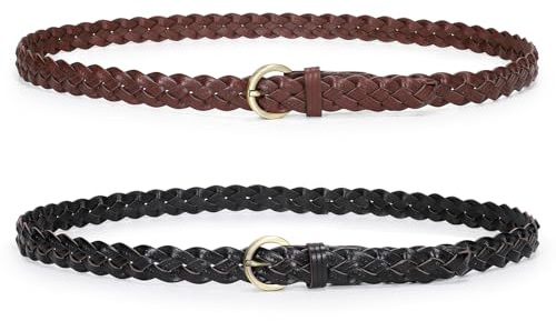 TRIWORKS 2 Pack Women's Leather Braided Skinny Belts Woven Thin Waist Belts for Jeans Pants Dresses