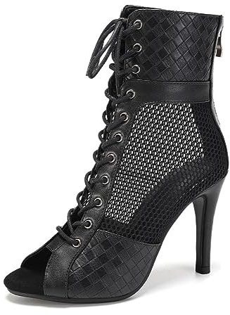 Uonpie Tanzstiefel Damen Reißverschluss Peep Toe Ballsaal Salsa Tanz Stiefeletten Absätze Tanzschuhe Schwarz, 37.5 EU