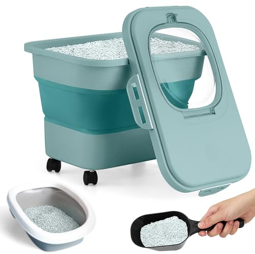 Juexica Bac de rangement pliable pour litière pour chat avec couvercles hermétiques, conteneur de rangement portable avec roulettes, céréales, riz, étanche, étanche (vert)
