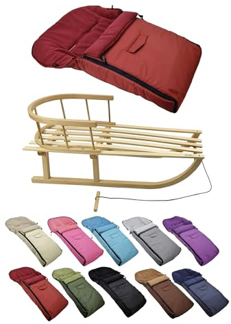 Kombi-erbjudande [träsläde universell vinteråkpåse 90 cm] kälke med ryggstöd och dragrep, fotsäck, lämplig för babystol, barnvagn, buggy med termofleece (bordeaux)
