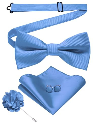 JEMYGINS Corbata de hombre en sarga de color liso con gemelos, pañuelo cuadrado de bolsillo y flores, set de regalo para fiestas, negocios y bodas, azul claro, M