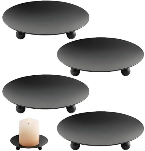 Candle Holder Plates, Set of 4 Round Metal Candle Holder Tray Black Candle Stand Pillar Candle Holders Candle Plates for Christmas Halloween Wedding Party Pray Spa - 11cm