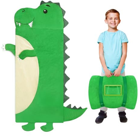 Decalsweet Schlafsack Kinder Doppelter Reißverschluss Warm, Faltbare Kinderschlafsack mit Kissen Abnehmbar für Mädchen Jungen, Schlafsack Kuscheltier für Outdoor Indoor Camping, 170×70cm Dinosaurier