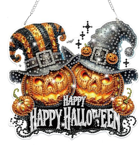 Lxmsja Halloween diamantkonst hängande ornament med kedja för vuxna barn, specialformade diamantmålnings-hänge-kit, hängande kristall-solfångarkit för hemdörr väggdekor JS001