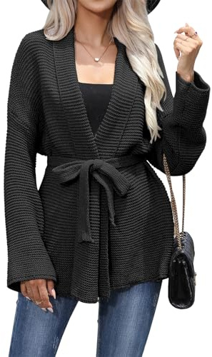 JFAN Gilet Femme Cardigan Femme Chic et Elegant Ardigan Long Trico Col en V Casual Hiver Chaud Manches avec Ceinture Noir L