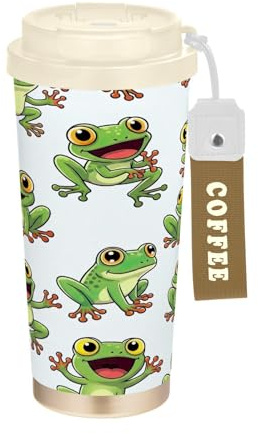 RPLIFE Bicchiere da caffè da 470 ml, con cannuccia e coperchio, rivestimento in ceramica, isolamento sottovuoto, a doppia parete, motivo: rane carine