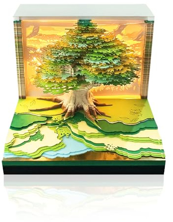 RNPKZ 3D Calendar 2026, Time Piece Calendar 2026 with LED Lights, Creative Desk Calendars Memo Pad, Tear-off Paper Sculpture Tree House 3D Calendars for Home Office School Desktop Decoration (Green)