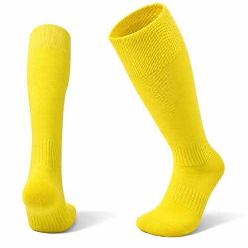 1STLY Fitness – Calze alte al ginocchio, 1 paio di calzini da bambino, taglia 32 – EU37, per bambini, calcio, hockey, rugby, sport, antisudore, antiscivolo, tinta unita, Giallo, 32-37