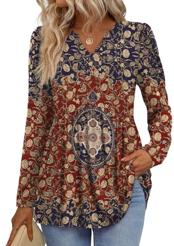 Womens's Tops Dressy Casual Business Work Pleated Blouses Long Sleeve Tunic Shirts Western Outfit for Women Ethnic Red 3XL