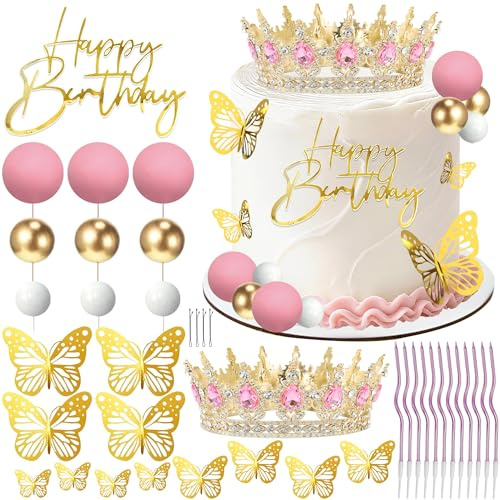 Celblisora Set di decorazioni per torte Happy Birthday, corona rosa, candele di compleanno, farfalle dorate, corona para pastello