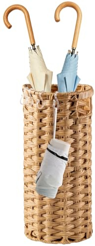 YQDHYLYH Rattan Umbrella Stand for Entryway,Hand-Woven Umbrella Holder Indoor with Doormat, Removable Drip Tray & 4 Hooks,Waterproof Umbrella Storage Basket