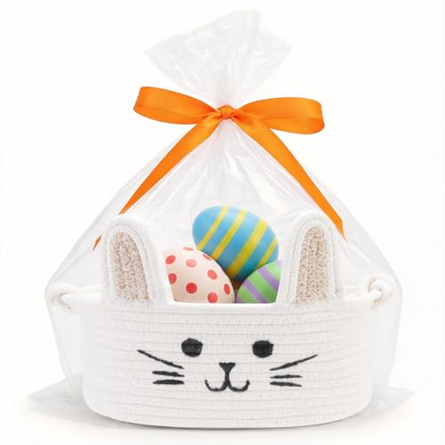 DPKOW Cesta de Pascua pequeña, vacía, tejida, con diseño de conejo, ideal para la búsqueda de huevos, ideal para Navidad, cumpleaños y bodas. Incluye bolsas de regalo y cintas. 29,5 x 18,5 x 13,7 cm