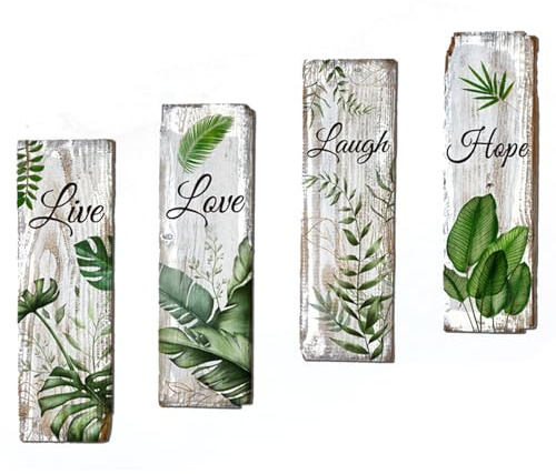 Wall Stickers Waterproof, Vintage Wood Texture Wall Decals with Inspirational Quotes and Botanical Leaves, 4 Panels Self Adhesive Wall Art for Bedroom Living Room Bathroom Home Decor