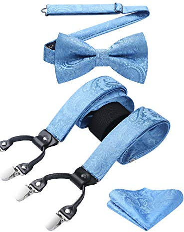 HISDERN Tirantes Hombres Paisley Azul Cielo en Forma de Y con 6 Clips Conjunto de Tirante y Pajaritas Ajustables para Hombre