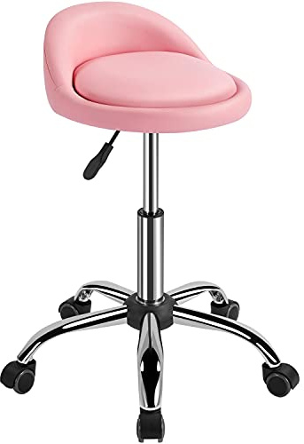 Yaheetech Rullpall, snurrpall med ryggstöd, arbetspall övningspall snurrstol kontorspall med hjul massage salong, konstläder, justerbar höjd rosa