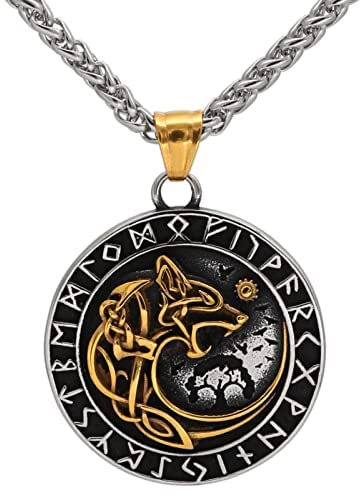 Viking Halskette Herren Silber Kette Herren Edelstahl Fenrir Wolf Rune Anhänger mit 60cm Kette für Männer Schmuck Nordische Wolfskopf Amulett Geschenk