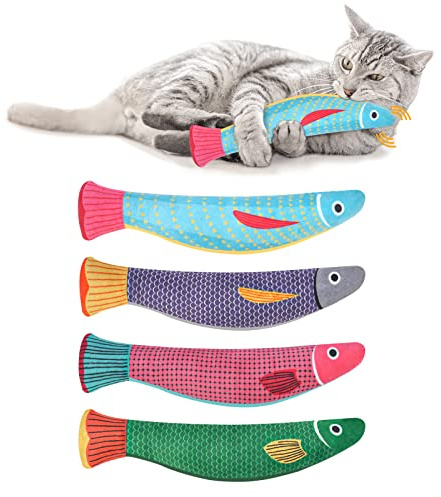 Aibuddy Catnip Toy, 4 Pack Fish Cat Chew Toys, Bite Resistant Catnip Toys with Bell Inside, Plush Cartoon Kitten Teething Interactive Toy （ 7.7 L * 1.9 W）