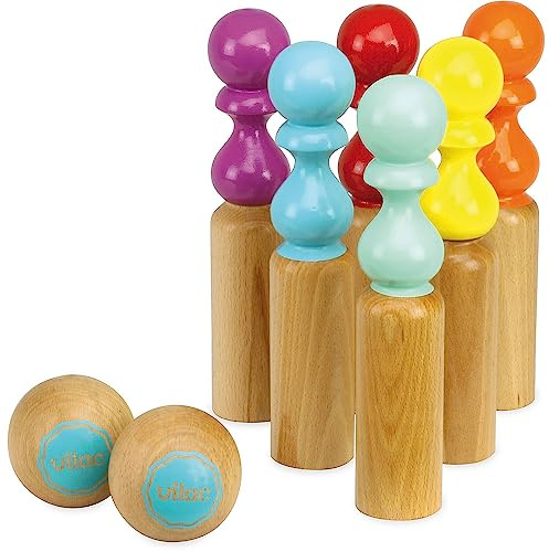 Vilac - 6 Quilles de Bowling Retro - Bicolores - Jeu de Plein Air - Jeu d'Adresse et de Précision en Bois - Jeu d'Ambiance - 2 Boules - Sac de Rangement en Coton