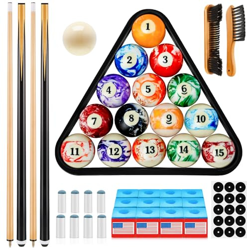 Outus 71 Pcs Pools Table Accessories Balls Triangle Stand Pool Cue Chalks Spot Sticker Brush Complete Pool Set for Beginners, Pools Halls, Family Entertainment, Birthday Gift(Marble Style Balls)
