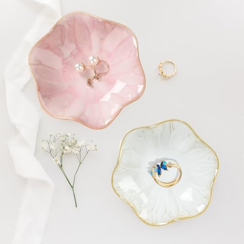 Keramisk smyckesfat, liten ringdiskhållare, prydnadsbricka – Catchall-bricka för bords- och rumsdekor (10,9 cm, vit + rosa)