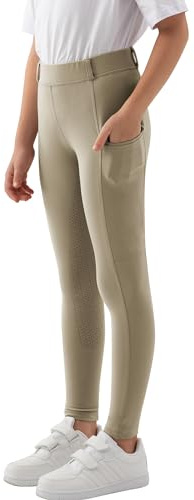 MoFiz Pantaloni Equitazione Bambina Pantaloni alla Zuava a Seduta Intera con Silicone Leggins Equitazione con Tasca per L'Estate Cachi 158-164