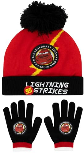 Disney Hat And Gloves | Lightning McQueen Hat And Gloves | Cars Boys Winter Set | Official Cars Merchandise | One Size Black