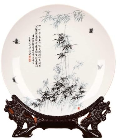 JingdezhenPorcelainDekorativ Wobble-platta, Plommonorkidé i kinesisk stil Bambu Krysantemum Naturlig växt Hem Wobble-Plåt med Display Stativ Dekoration Hushållstallrikar Dekorativa handgjorda bröllops