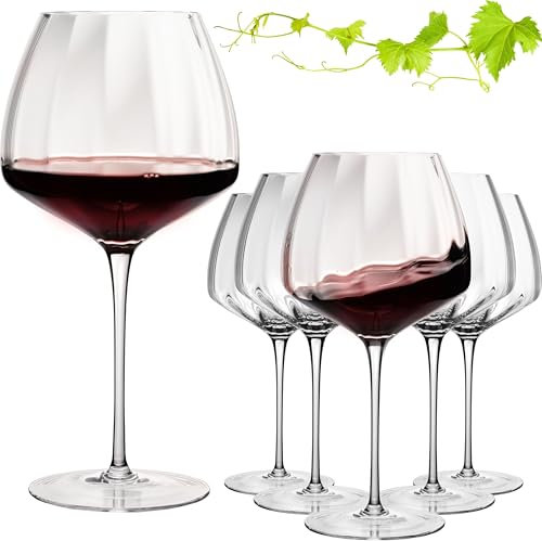 Imperial Cali' Lot de 6 grands verres à vin rouge ondulés 930 ml Verre à bourgogne bombé en verre Crystalline fait main