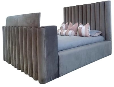 Lustro TV Bed with Built-in Storage & Remote-Controlled TV Lift - Luxury Upholstered Bed Frame with LED Lighting & USB Ports for Smart Living (Double)