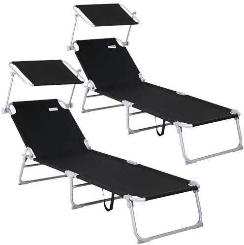 Casaria® 2er Set Sonnenliege Klappbar Wetterfest Gartenliege mit Dach bis 130kg Tragbar Leicht Garten Liegestuhl Balkon Klappliege Strandliege Grau