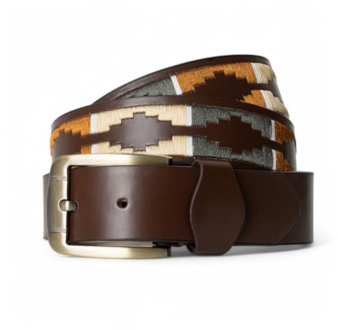 Winston Hide Cinturones de cuero para hombre, cinturón de diseño bordado marrón y negro, cinturón polo de cuero genuino marrón con costuras elegantes y coloridas para hombre, verde oscuro, M