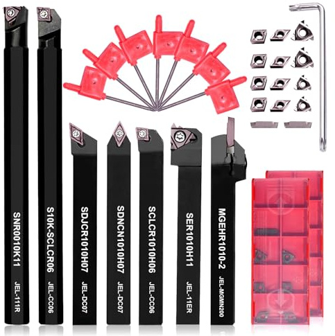 Donken Drehmeißel mit Wendeplatten, 28er Drehwerkzeughalter Set Inhalt 7 Stk. 10 mm Schaft-Bohrstangenhalter, 14 Stk. Hartmetall-Wendeschneidplatten, 7 Stk. T8 Schraubenschlüssel (10 mm)