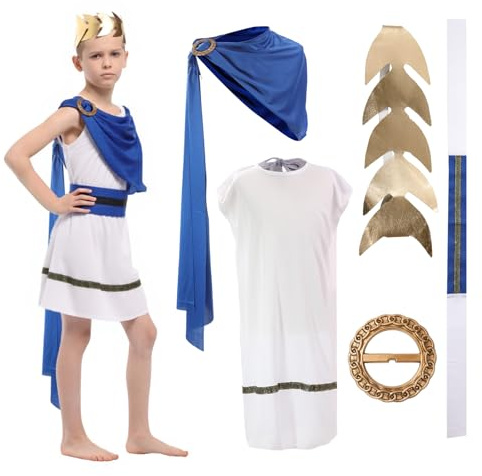 Zophlly Costume Toga Greca Bambino, Antico Romano Tunica Vestito Bambina Cosplay Outfits con Accessori per Halloween Carnevale Party (Ragazzo, M)