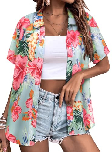 Yihelian Hawaiian Shirts for Women Summer Short Sleeve Top Floral Tropic Printing V Neck Button Down T Shirts Blouses Mint Green