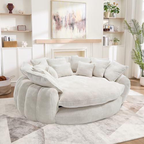 81'' Cloud Couches for Living Room, Comfy Circle Round Couch Bed with 14 Pillows, Upholstered Boneless Couch, Oversized Chaise Lounge Chair Indoor, Extra Wide Round Daybed, Floor Sofa (White)