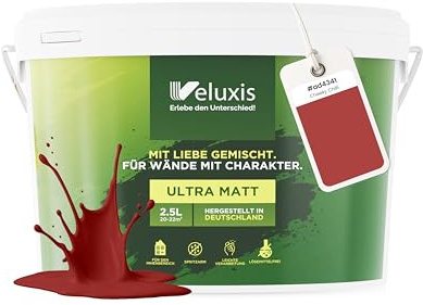 Veluxis® Wandfarbe Rot für den Innenraum - 2,5 Liter & Deckkraft-Klasse 1, Streifenfrei, tropfarm & Öko Farbe, VOC-frei - (Cheeky Chilli)