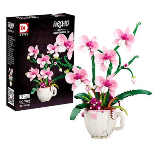 Sarvvte Orchid Flowers Building Block Set, Compatible Orchid & Flowers Set | Mini Coffee Cup Design Botanical Sets, Adult Stress Relief Building for Home Decoration & Gift (Pink)