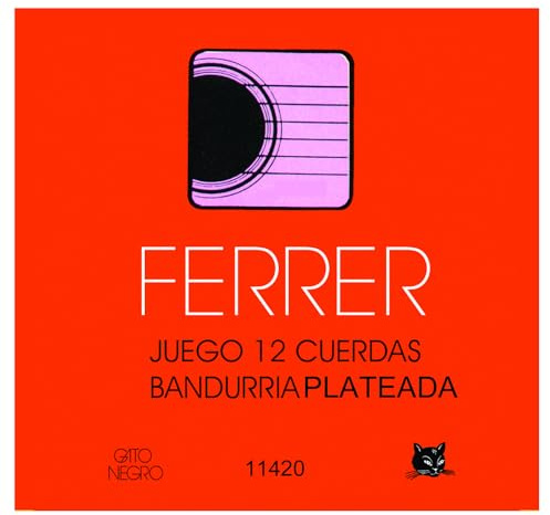 Ferrer Gato Negro Juego de Cuerdas para Bandurria 12 Cuerdas Acero Plateado, Tensión Media, Fabricado Artesanalmente en España desde 1868