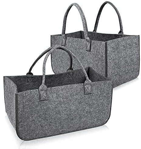 NAIZY Sacs en Feutre pour Bois de Cheminée 2 Pièces Sac en Feutre Pliable Grand Panier pour Bois de Cheminée Sac en Feutre Shopper pour Bois Journaux Sac en Feutre 50 x 25 x 25 cm - Gris Clair