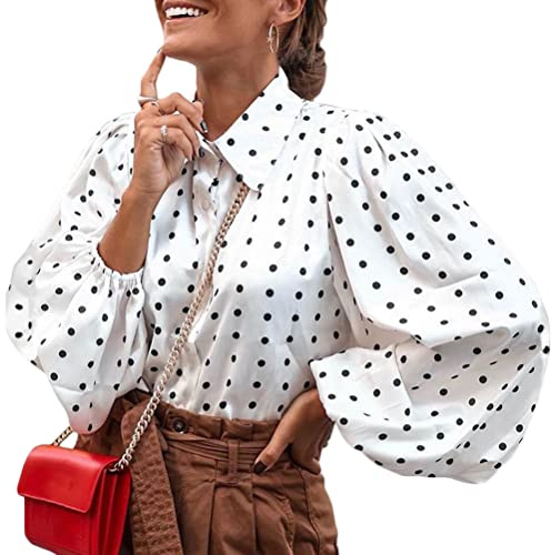 Onsoyours Camicia Donna Elegante Chiffon Blusa a Pois Bavero Maniche a Sbuffo Camicetta da Ufficio Casual Maglietta Top a Manica Lunga Bianco XL