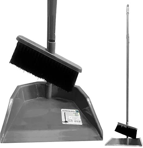 Long Handled Dustpan and Brush Set, Indoor Broom and Dustpan Set with Soft Sweeping Brush and Upright Dust Pan, Tall Dustpan and Brush Set House Cleaning Kit for Kitchen and Lobby (Silver)